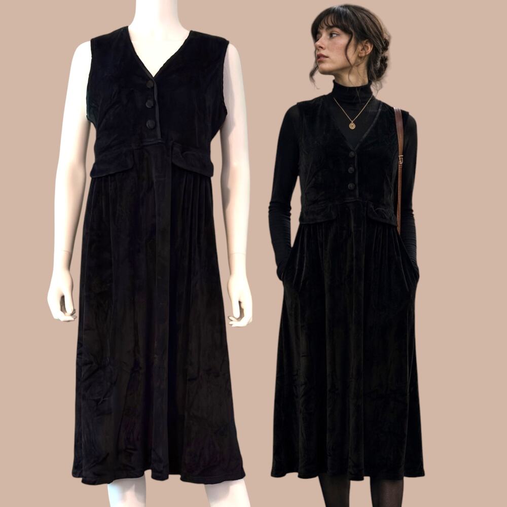 Vintage 80s Fads Black Velvet Sleeveless Dress Size PS Whimsigoth Vamp Acadaemia